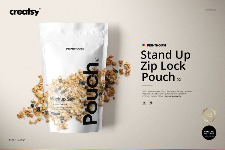 Stand Up Zip Lock Pouch 02 Mockup Set 坚果零食立式密封袋自封袋多角度模拟效果展示样机mockup智能贴图