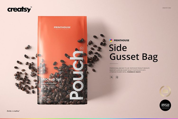 Side Gusset Bag Mockup Set 咖啡豆侧边封口袋自立袋包装袋设计作品空白贴图ps样机素材展示模板