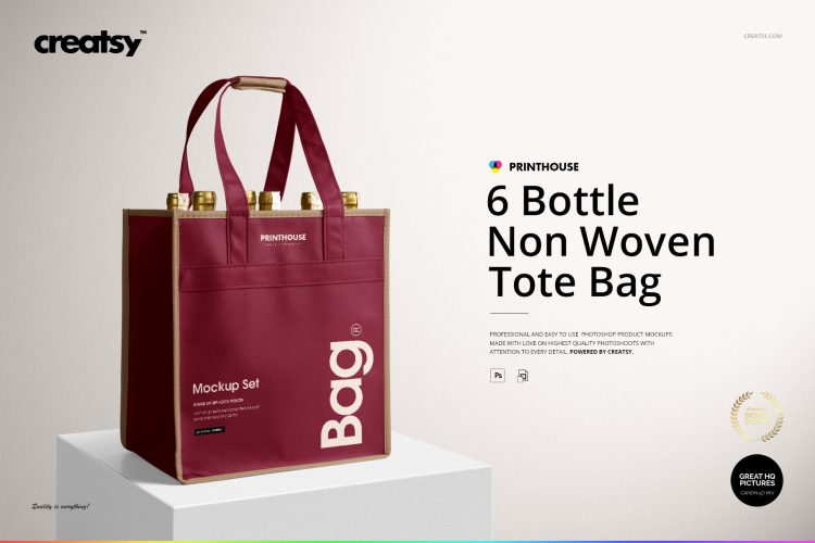 6 Bottle Non Woven Tote Bag Mockups 无纺布尼龙帆布袋手提袋拎袋空白贴图ps样机素材国外设计模板