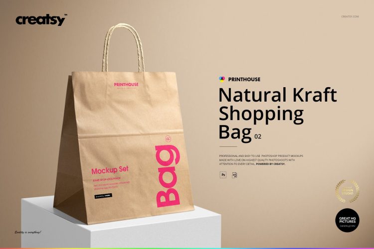 Natural Kraft Shopping Bag 2 Mockup 牛皮纸手提袋纸袋外卖拎袋包装设计空白贴图ps样机素材展示效果模板