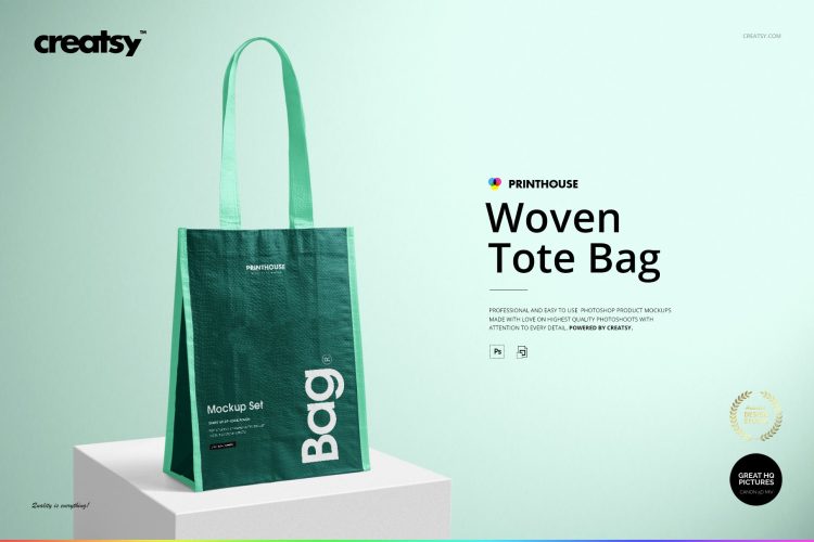 Woven Tote Bag Mockup Set 尼龙编织蛇皮手提袋拎袋购物袋设计空白贴图ps样机素材国外设计模板