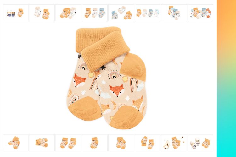 Baby Socks 16x Mock-ups 婴儿宝宝保暖袜子短袜印花图案设计贴图ps样机素材展示效果模板