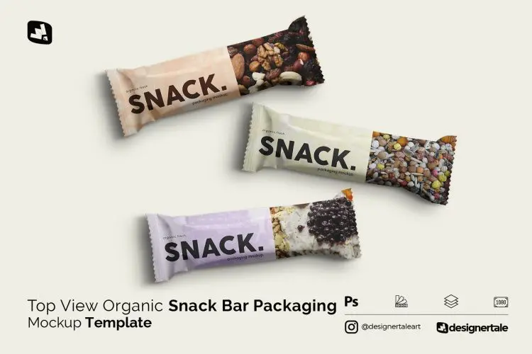 Top View Organic Snack Bar Packaging Mockup Template 铝塑零食包装袋模拟效果展示样机mockup智能贴图psd素材模版