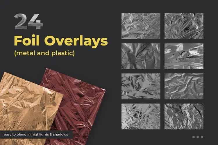 24 Foil Overlay Textures 24款金属潮流褶皱铝箔材质贴图海报背景图片纹理webp平面设计素材