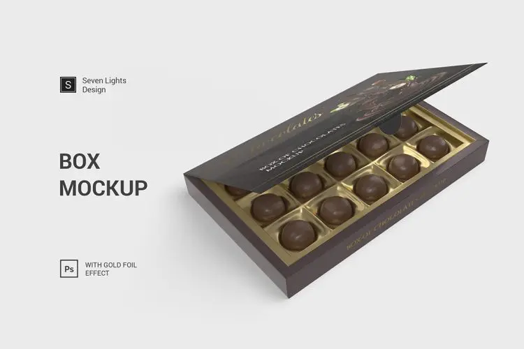 Box Of Chocolates Mockup 礼盒装巧克力产品包装设计智能贴图ps样机素材mockup展示效果模板