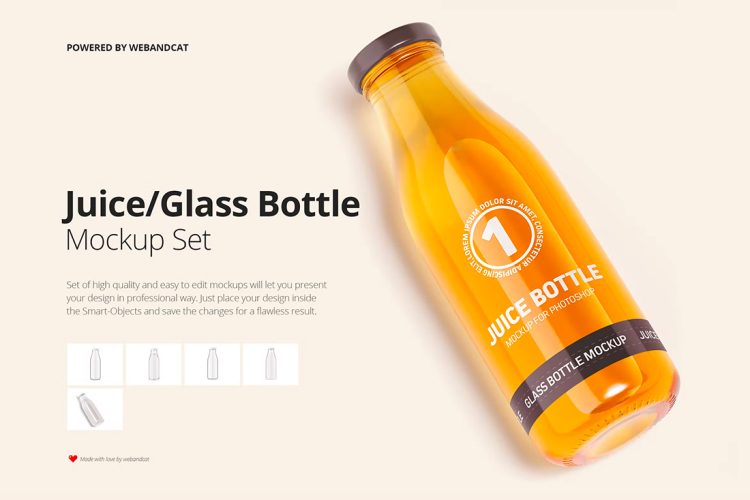 Juice / Glass Bottle Mock-up 透明玻璃果汁饮料瓶标签设计智能贴图改色ps样机素材mockup模板