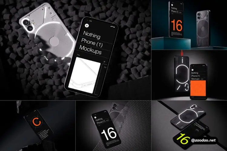 C-Mockups Nothing Phone (1) 16款工业风安卓手机App界面ui设计作品集贴图ps样机素材展示效果