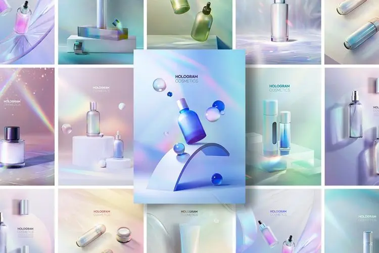Hologram Cosmetics 12款潮流时尚全息炫彩渐变美妆化妆品主视觉海报设计ps分层素材