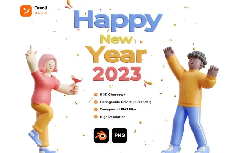 3D Happy New Year 2023 5款2023年新年快乐庆祝派对主题演示3D插图插画webp免扣图片设计素材