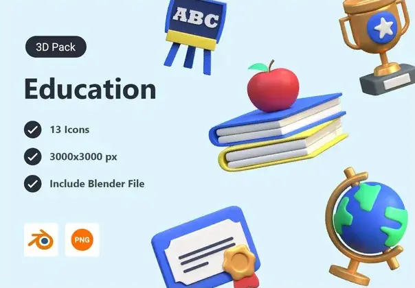 3D Icon Pack – Education 款3D立体趣味卡通开学季教育学校学习文具课程webp免抠icon图标素材免费下载