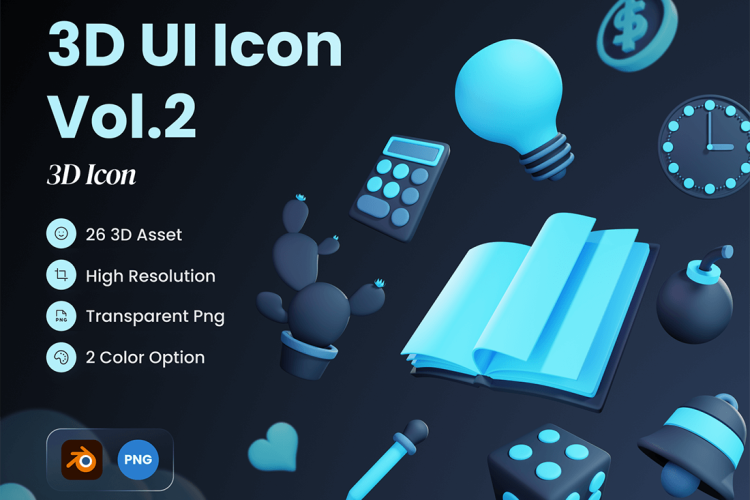 3D Ui Icon Vol. 2 66个UI 3D 图标计算器仙人掌吸管相机金币闹铃书本灯泡钟表