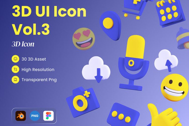 3D Ui Icon Vol. 3 30个UI 3D 图标麦克风日历表情定位赞收藏音量设置购物车闹铃对话