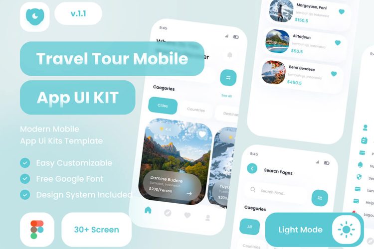 Arjuno Travel Tour App UI Kit 30屏旅游应用程序 UI 工具包免费下载