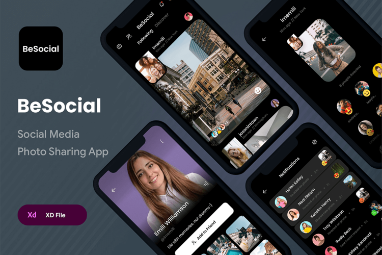 BeSocial Media Photo Sharing App 照片美化分类分享工具社交app用户界面设计ui套件模板