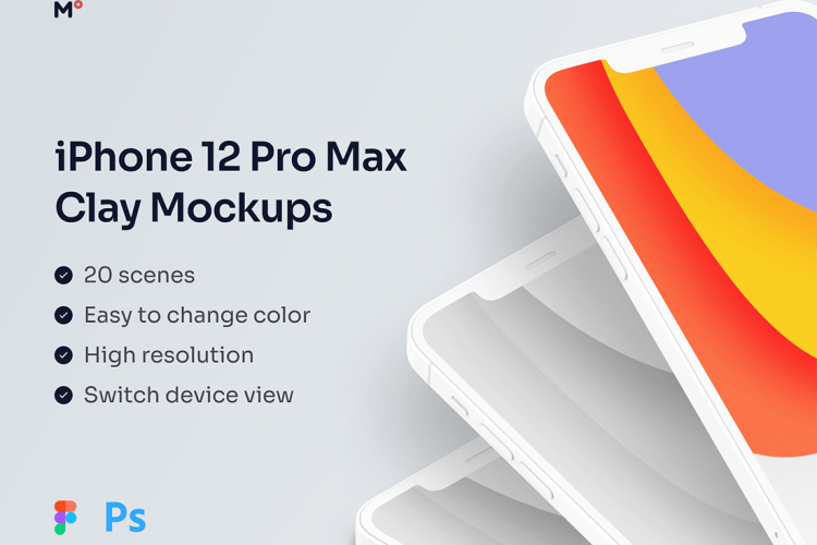 Clay iPhone 12 Pro Max Mockups 20款苹果iPhone 12 Pro Max手机纯色白膜单色app界面ui设计贴图ps样机素材