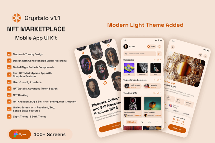 Crystalo NFT Marketplace App UI Kit 100多屏国外NFT数字珍藏金融交易平台手机app用户界面设计ui套件模板明暗模式