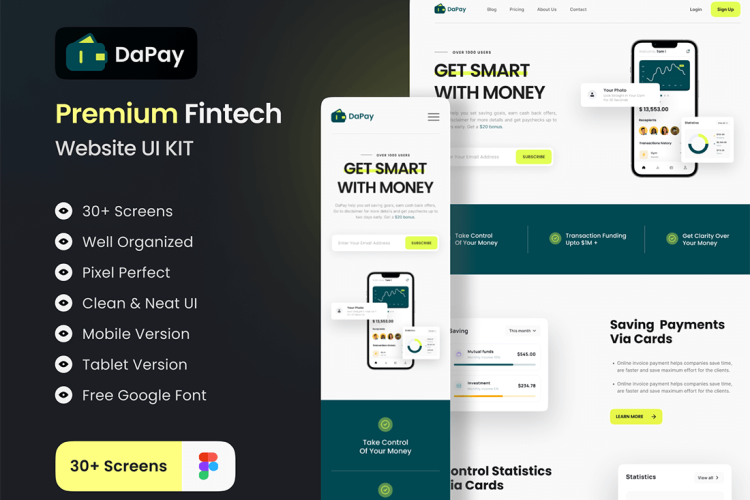 DaPay – Fintech Landing Page UI KIT 30屏响应式国外金融科技电子数字钱包app用户界面设计ui套件模板