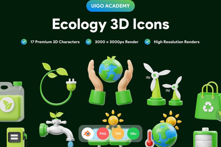 Ecology 3D Icon 17款绿色能源生态环保爱护地球主题3D图标icon设计素材png免抠图片