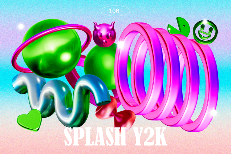 Splash Y2K-3D Abstract Retro Shapes 100款潮流复古3D金属几何图形Y2K抽象拼贴艺术png免抠图片素材