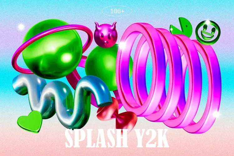 Splash Y2K-3D Abstract Retro Shapes 100款潮流复古3D金属几何图形Y2K抽象拼贴艺术webp免抠图片素材