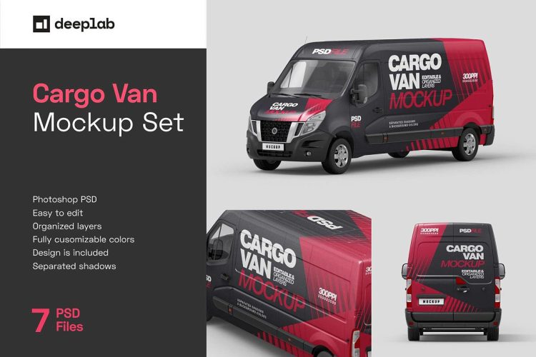 Cargo Van Mockup Set 7款时尚封闭面包车小货车车身广告设计PS智能贴图样机模板素材