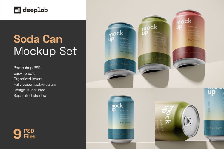 Soda Can Mockup Set 9款时尚逼真听装啤酒果汁饮料苏打水易拉罐金属锡罐设计展示贴图PSD样机模板