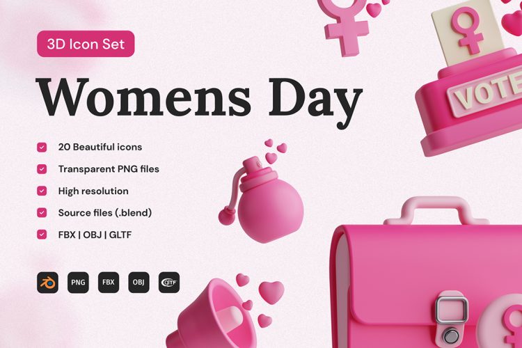 Women’s Day 3D Icon Set 20款女性粉色38妇女节女神节3D卡通立体插图插画png免抠图片素材
