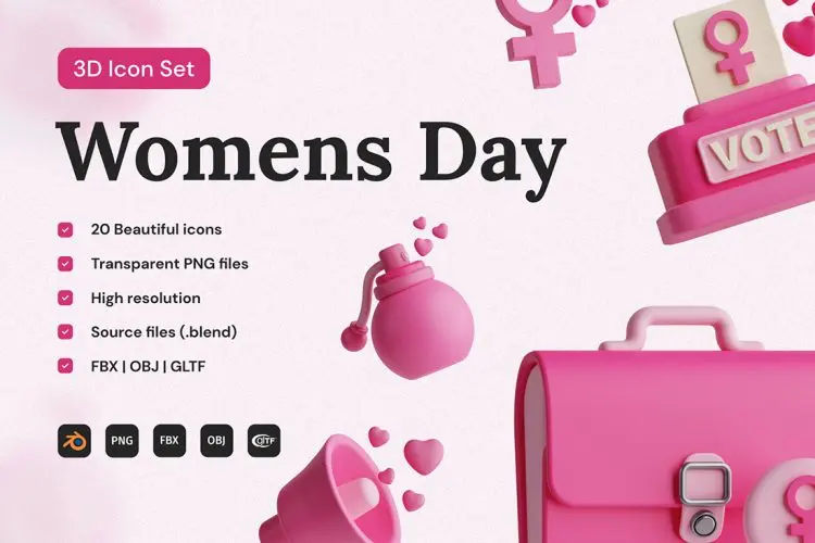 Women’s Day 3D Icon Set 20款女性粉色38妇女节女神节3D卡通立体插图插画webp免抠图片素材