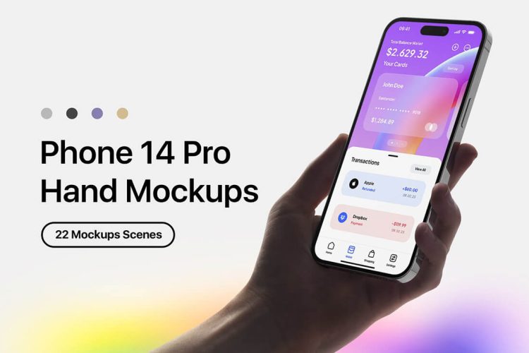 22 iPhone 14 Pro In Hand Mockups 22款手持iPhone 14苹果手机App界面广告ps样机素材场景展示效果图