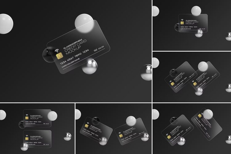 Glass Effect Credit Card Mockups 6款玻璃磨砂半透明硫酸纸名片卡片设计贴图ps样机素材展示效果图