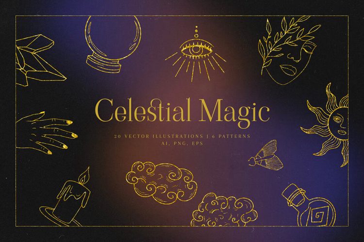 Celestial Magic Line Art 6款神奇天体魔法塔罗牌元素线性艺术矢量插图插画设计素材