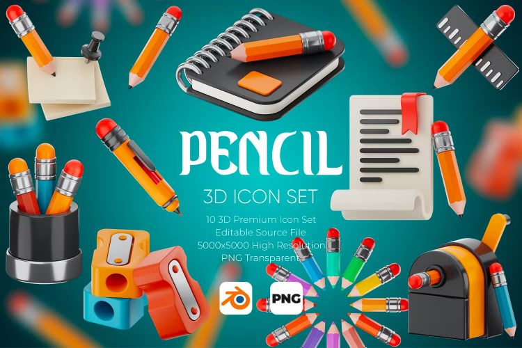 Pencil 3D Icon Set 10款办公学习文具类3D图标icon设计素材png免抠图片