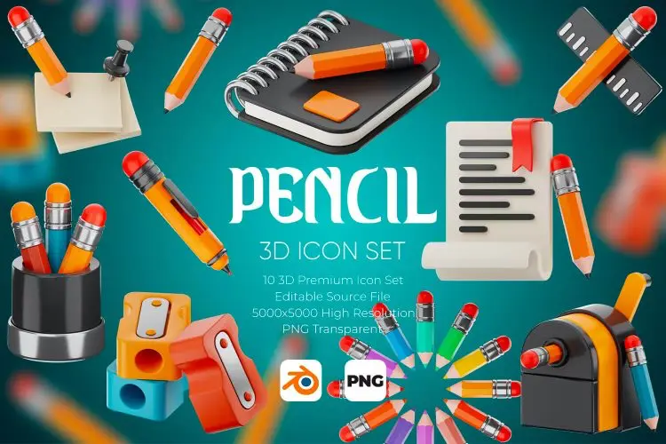 Pencil 3D Icon Set 10款办公学习文具类3D图标icon设计素材webp免抠图片