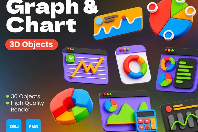 Graph and Chart 3D Objects 30款3D立体卡通数据统计分析可视化图表插图插画webp免抠图片素材