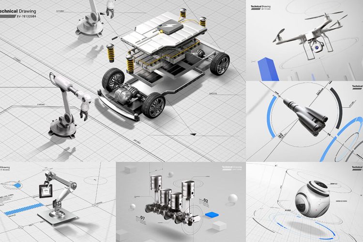 Technical Drawing Vision 11款数码科技汽车3D工业技术图纸主视觉海报设计ps分层设计素材