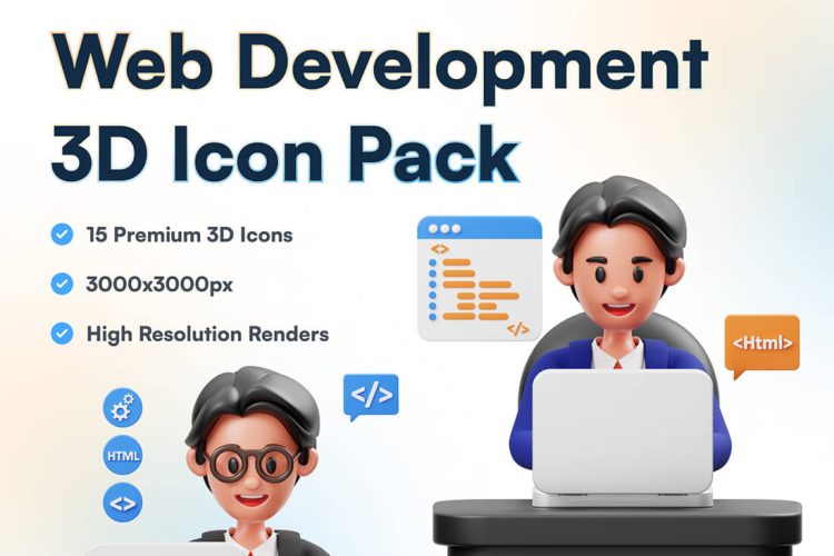 Web Development 3D Illustration 15款卡通网站开发程序网络科技3D插图图标Icons设计素材