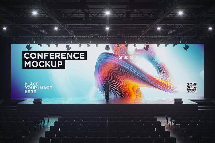 Conference Hall Screen Mockup 发布会演讲提案大屏巨幕背景设计贴图ps展示样机素材国外设计模板