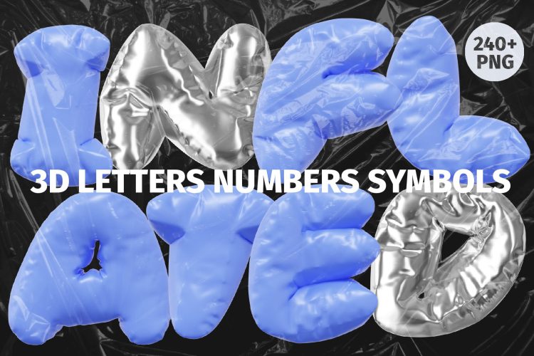 3D Inflated Type – Letters Numbers 潮流时尚塑料铝箔趣味卡通字母数字符号气球png免抠图片设计素材