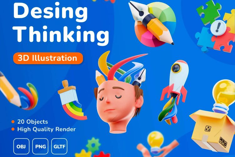 20 3D Design Thinking Icon Set 20款3D卡通创意设计师文具头脑风暴思维点子插图插画png免抠素材