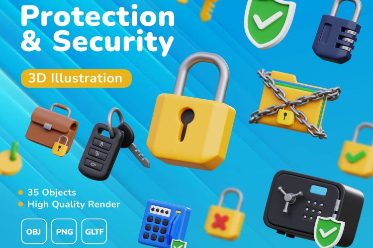 Protection & Security 3D Icon Set 35款网络安全保护钥匙盾牌3D立体插画插画图标Icons设计素材合集