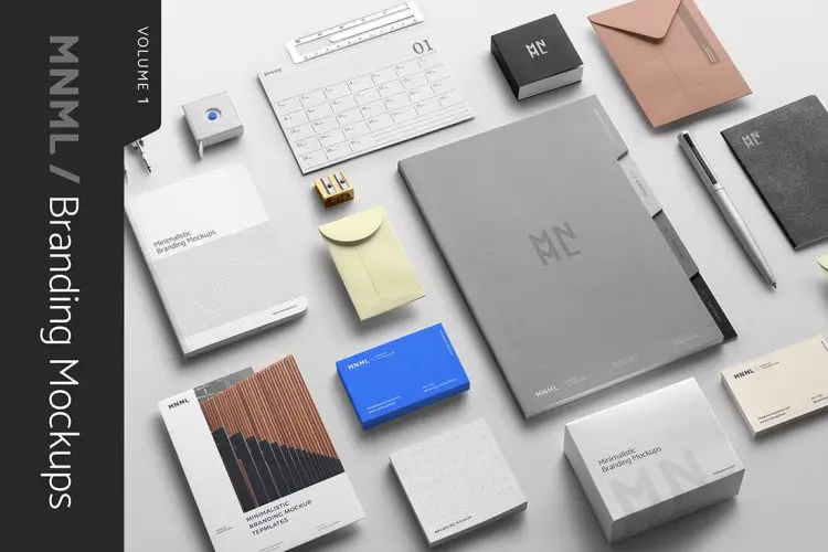 MNML / Branding Mockups Vol. 1 10款高级品牌VI设计办公用具名片笔记本信封信纸便签纸展示效果图PSD样机模板素材