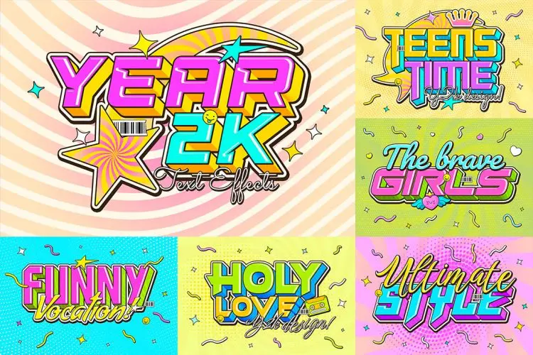 Y2k Text Effects 6款潮流卡通Y2K创意POP广告3D立体字海报标题字体设计ps样机素材
