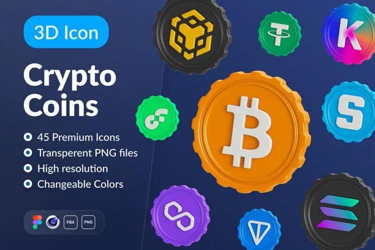 Crypto Coins 3D Icon Set 45款加密货币硬币比特币3D图标icon图片webp免抠图设计素材