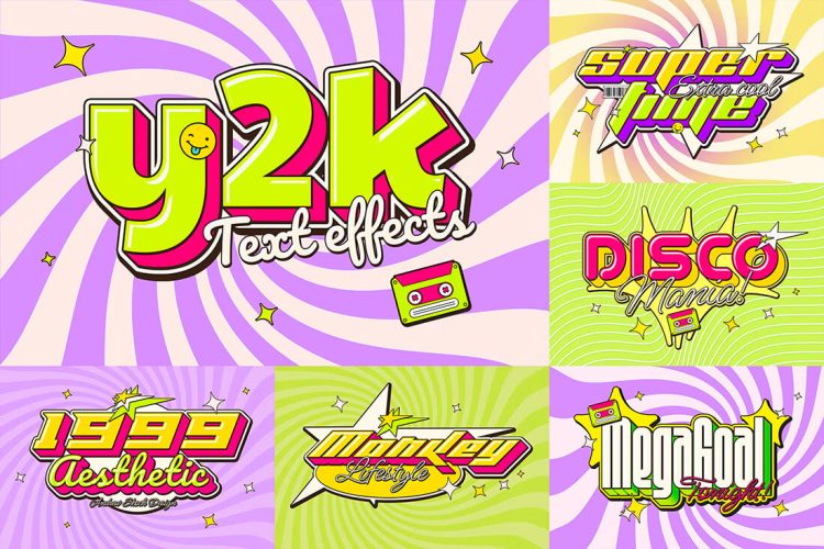 Y2k Text Effects n1 6款复古Y2K缤纷3D卡通POP立体字海报标题特效字ps样机素材模板