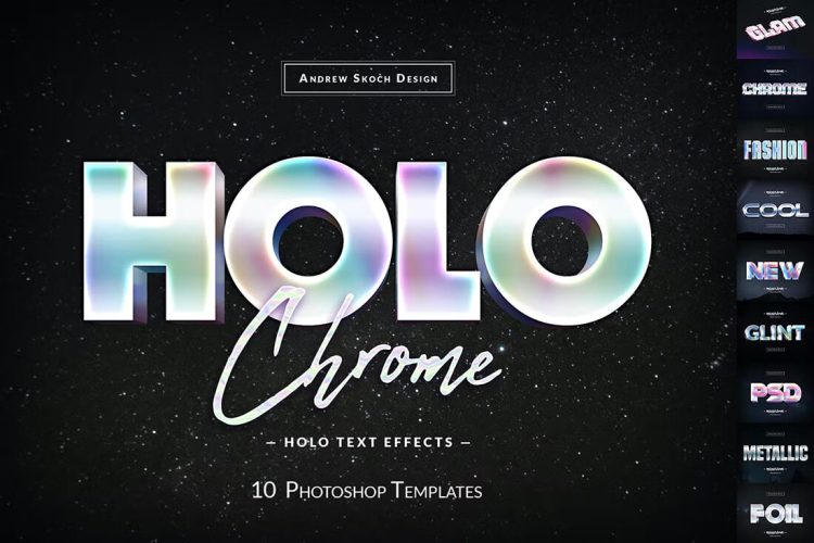 Holochrome Text Effects 10款3D科幻未来立体金属全息渐变logo标题ps特效字样机生成模板