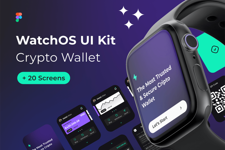 WatchOS UI Kit – Crypto Wallet 20屏WatchOS加密钱包用户界面组件设计明暗ui套件模板