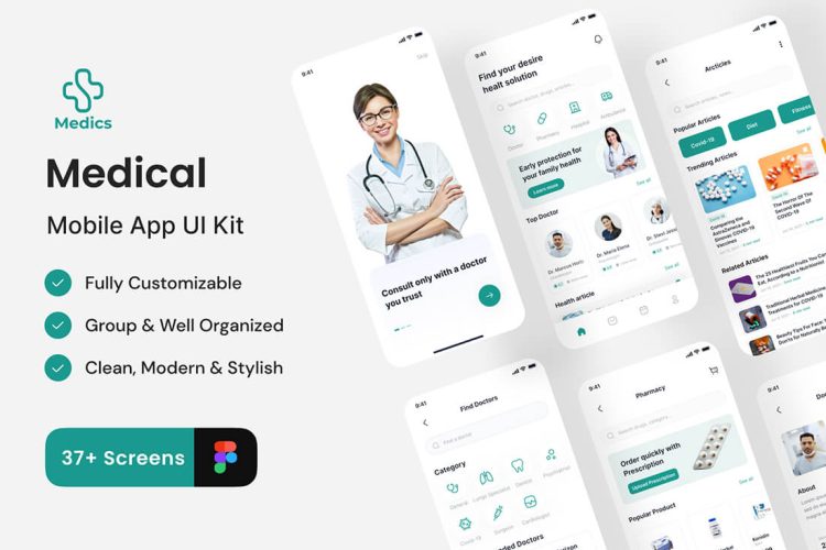 Medics – Medical App UI Kit 37屏在线医生预约和咨询应用程序 UI 套件