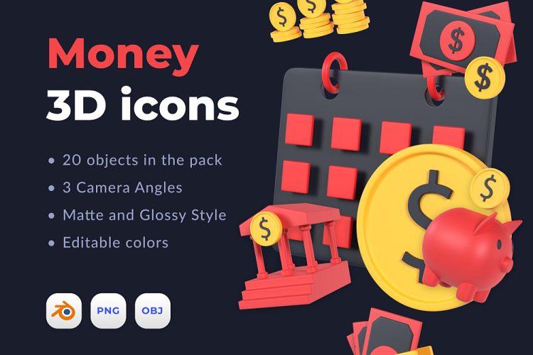 Money 3D icons 20款高清金融钱币金币3D图标icon素材png免抠图文件