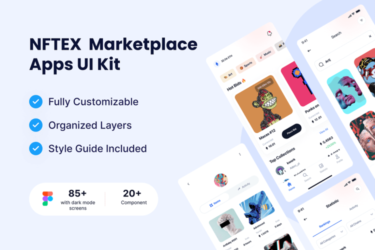 NFTEX – NFT Market App UI Kit 80多屏高品质 NFT 市场应用程序 UI 套件明暗模式