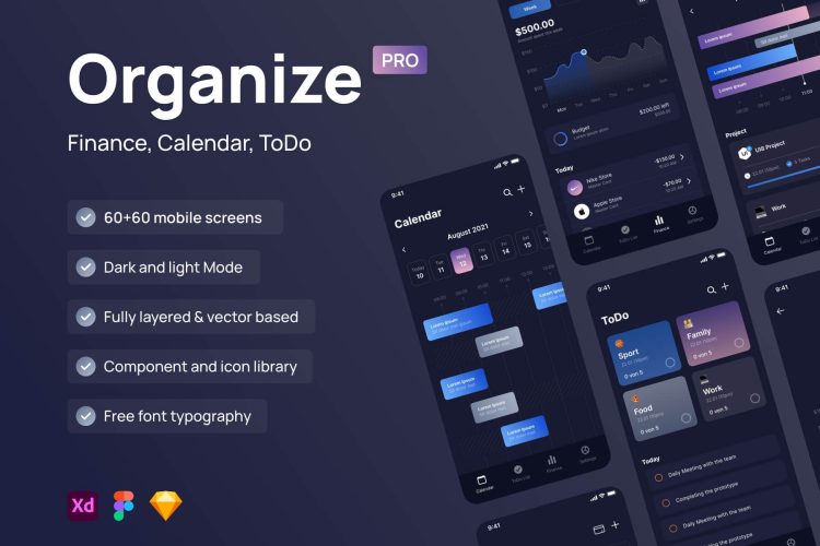 Organize Pro – Finance Calendar and ToDo App 120屏时间管理待办事项日程安排日历应用app设计用户界面交互UI套件素材模板